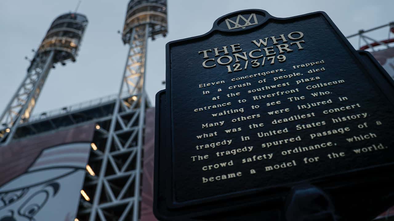Photo of a memorial plaque for eleven concertgoers killed at a 1979 concert