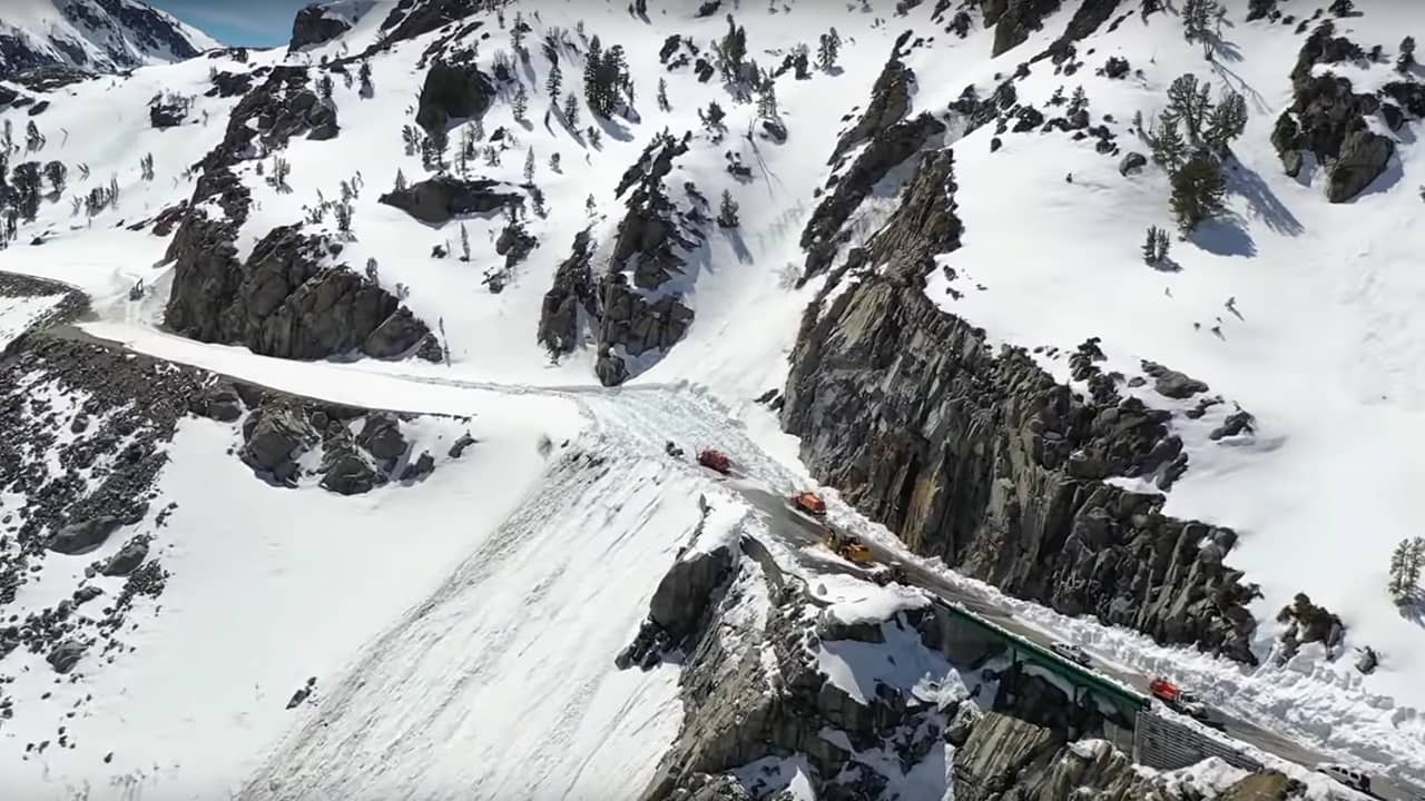 Drone video image of Tioga Pass clogged by snow