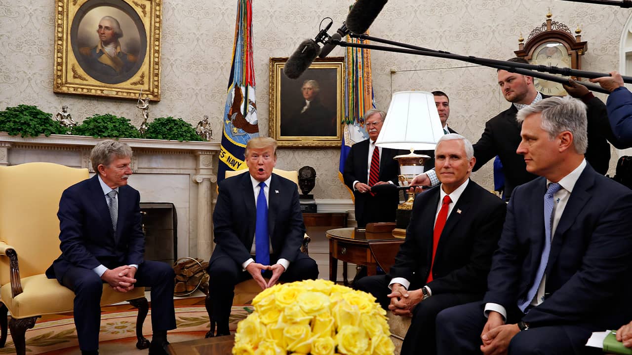 Photo of President Donald Trump, Danny Burch, Vice President Mike Pence and Special Presidential Envoy for Hostage Affairs Robert O'Brien