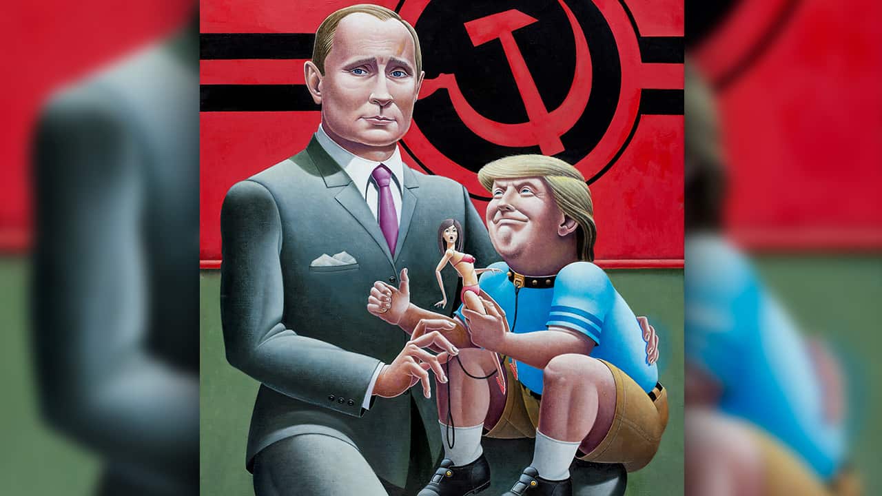 Painting of Donald Trump on Vladimir Putin's knee