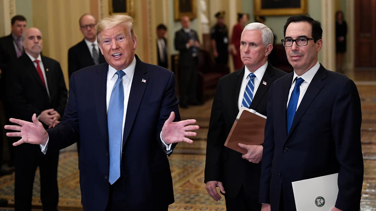 Photo of President Donald Trump, left, standing with Vice President Mike Pence and Treasury Secretary Steven Mnuchin