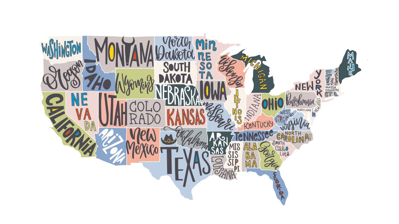 Photo of a map of the United States with labels