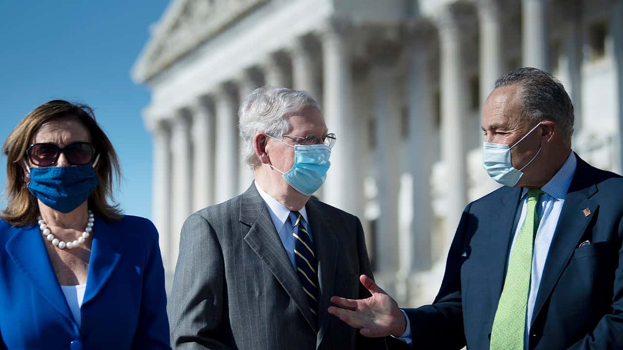 Photo of Speaker of the House Nancy Pelosi of Calif., Senate Majority Leader Mitch McConnell of Kentucky, Senate Minority Leader Chuck Schumer