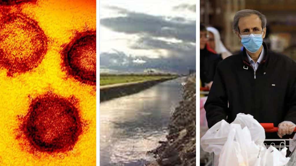 Side-by-side images of COVID-19, irrigation water, and a shopper wearing a mask