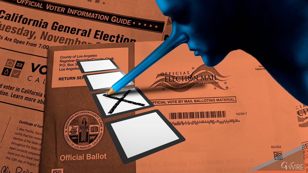 Composite image of a ballot being marked conveying the concepts of voter intimidation and voter fraud