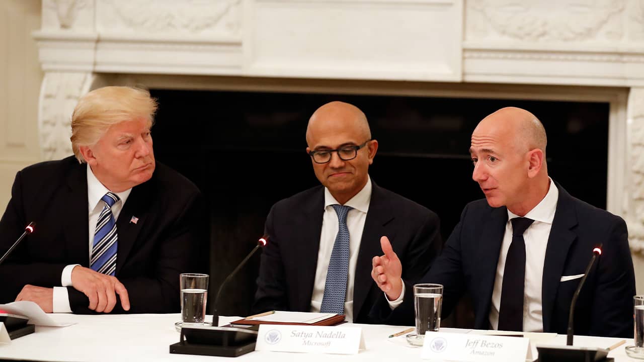 Photo of President Donald Trump, Satya Nadella, and Jeff Bezos