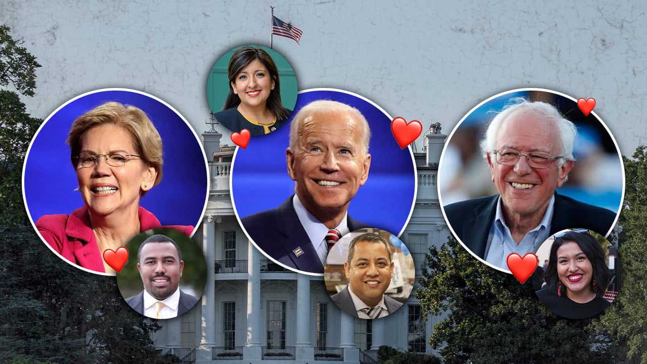 Photo combination of Elizabeth Warren, Joe Biden, Bernie Sanders, Councilman Nelson Esparza, Senator Melissa Hurtado, Councilman Miguel Arias, and Councilwoman Jewel Hurtado