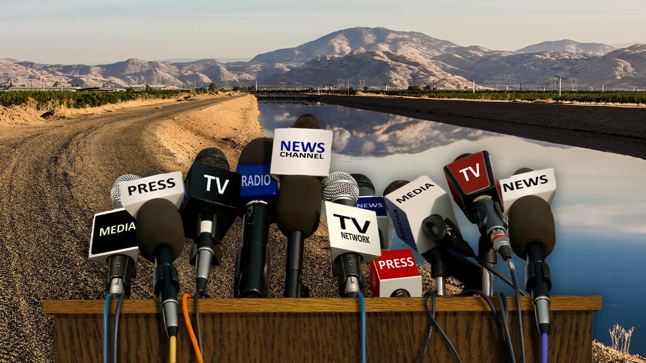 A montage of reporter microphones, a canal and a mountain symbolizing covering California water issues