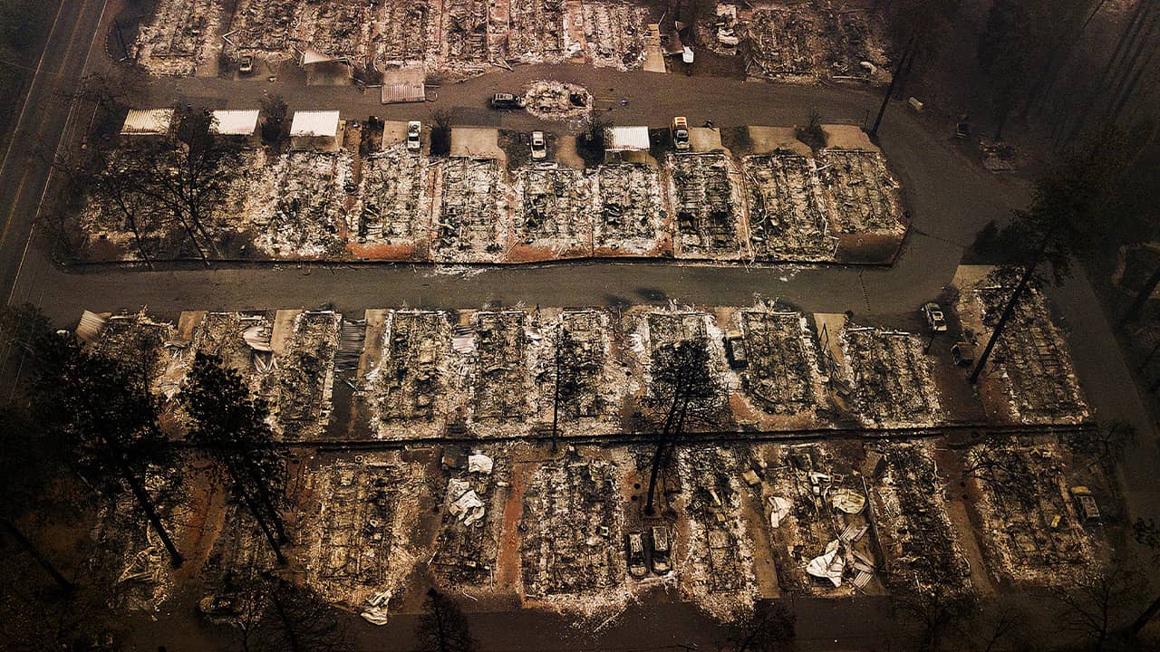 Photo of the aftermath of the Camp Fire in Paradise, Ca.