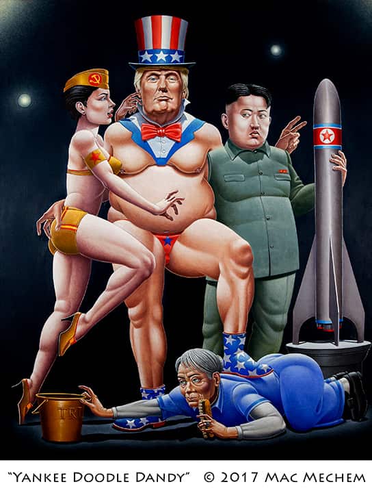 Satirical painting of President Trump and North Korea's Kim Jong Un
