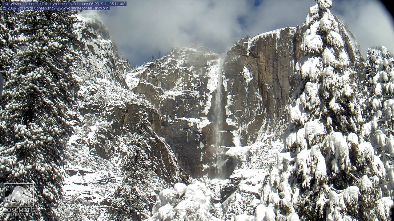 View of Snowy Yosemite Falls on Wednesday, Feb. 6, 2019