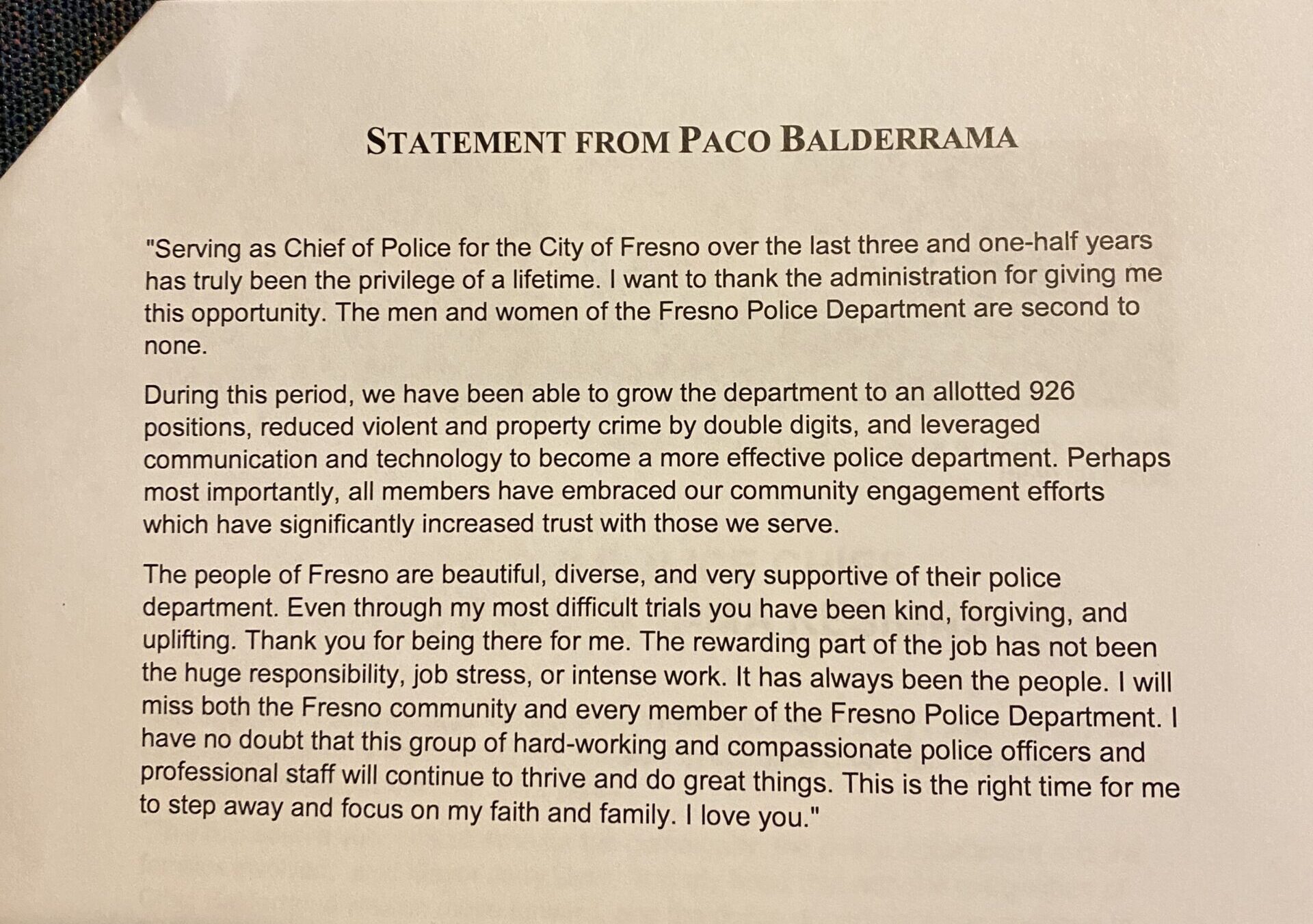 Paco Balderrama Resignation Statement