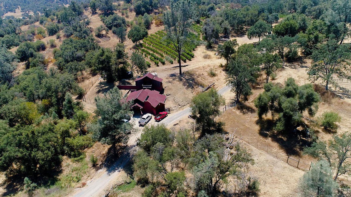Aerial view of Westbrook Wine Farm in the Madera County foothills