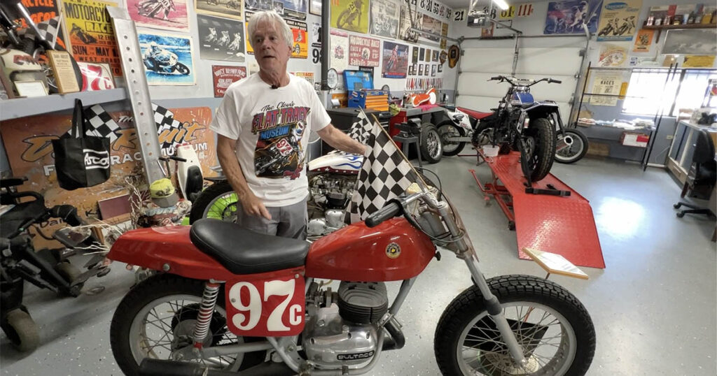 Kenny Thiebaud and a 1969 Bultaco flat track motorcycle 