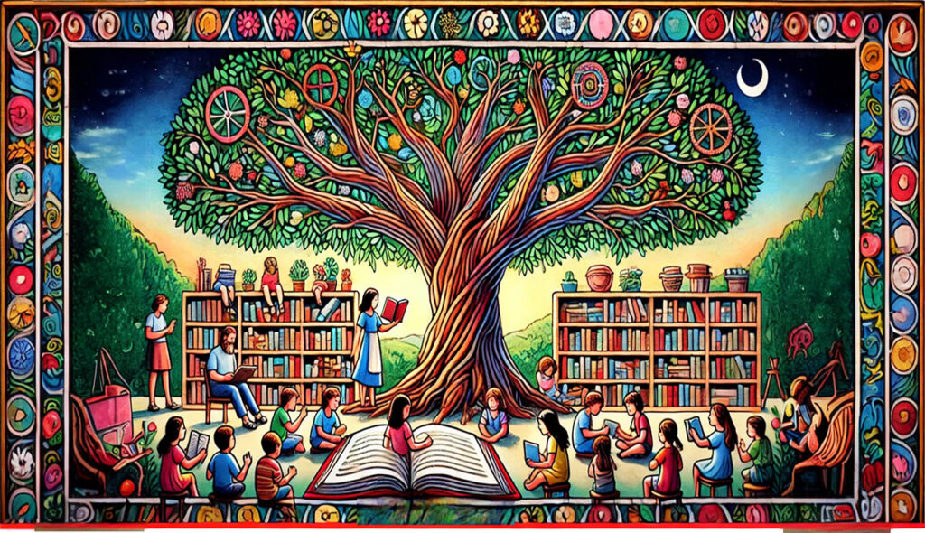 Image of a mural symbolizing books and the nurturing of learning and social development