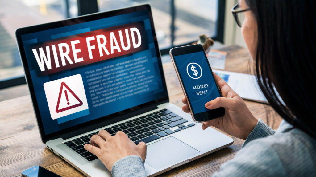 Image of a laptop with "Wire Fraud" appearing on the screen