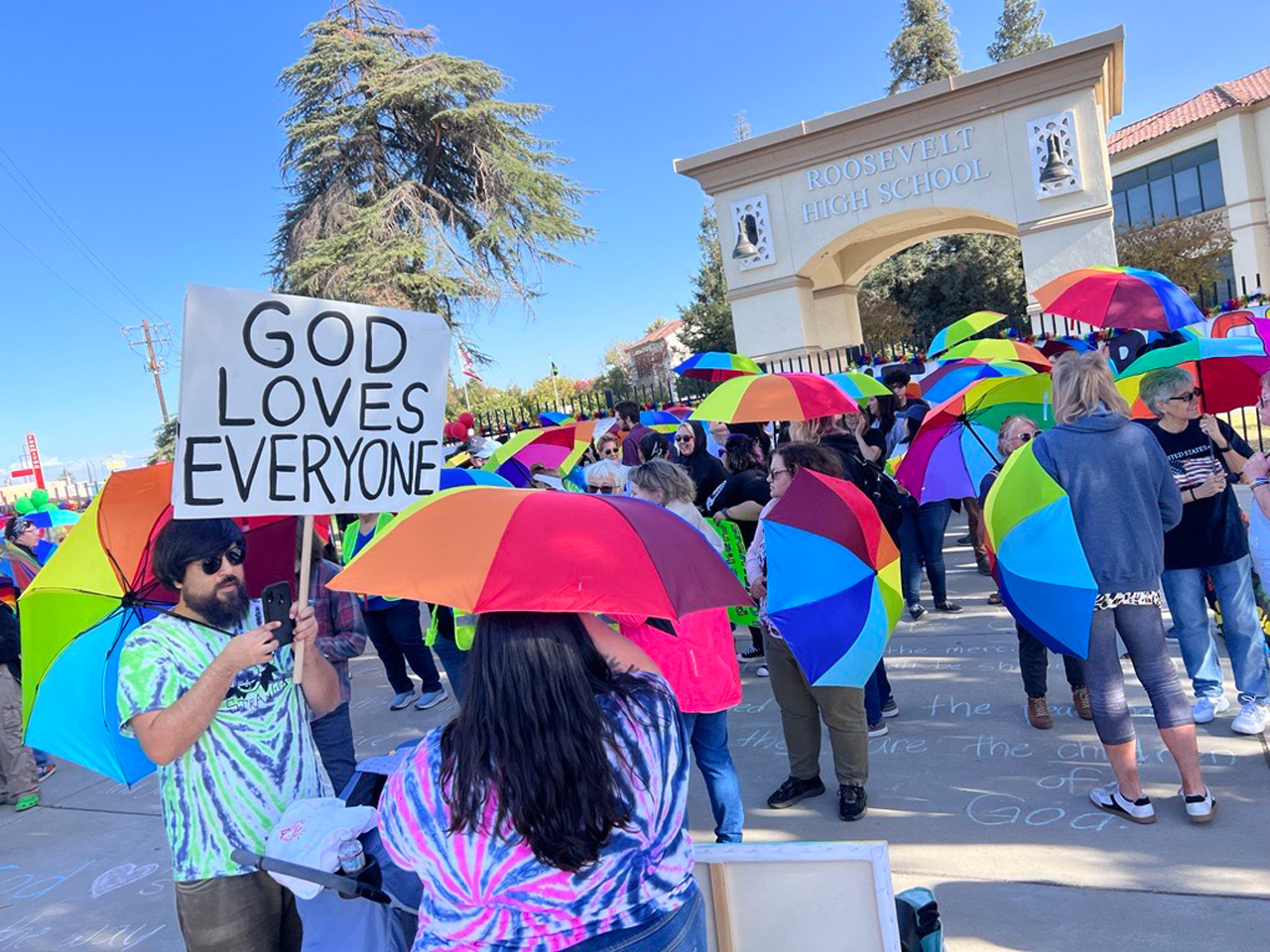 LGBTQ supporters gather at Roosevelt High School in Fresno on Monday, Oct. 28, 2024. (GV Wire/Nancy Price)