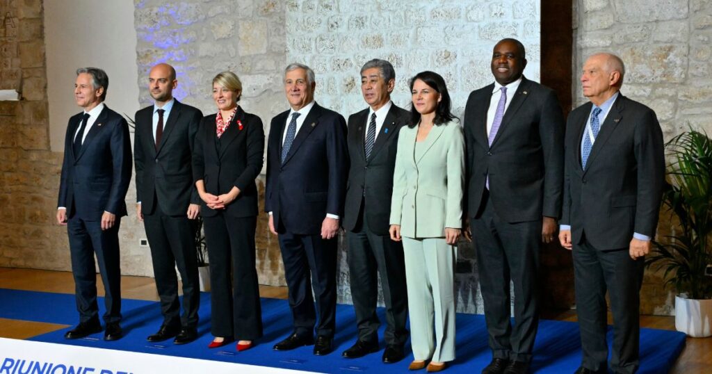 From left, US Secretary of State Antony Blinken, France's Foreign Affairs Minister Jean-Noel Barrot, Canada's Foreign Affairs Minister Melanie Joly, Italy's Foreign Minister Antonio Tajani, Japan's Foreign Minister Takeshi Iwaya, Germany's Foreign Affairs Minister Annalena Baerbock, Britain's Foreign Secretary David Lammy and High Representative of the European Union for Foreign Affairs and Security Policy Josep Borrell pose for a family photo at the G7 Foreign Ministers meeting in Anagni, central Italy, Monday, Nov. 25, 2024. (Andreas Solaro/Pool Photo via AP)