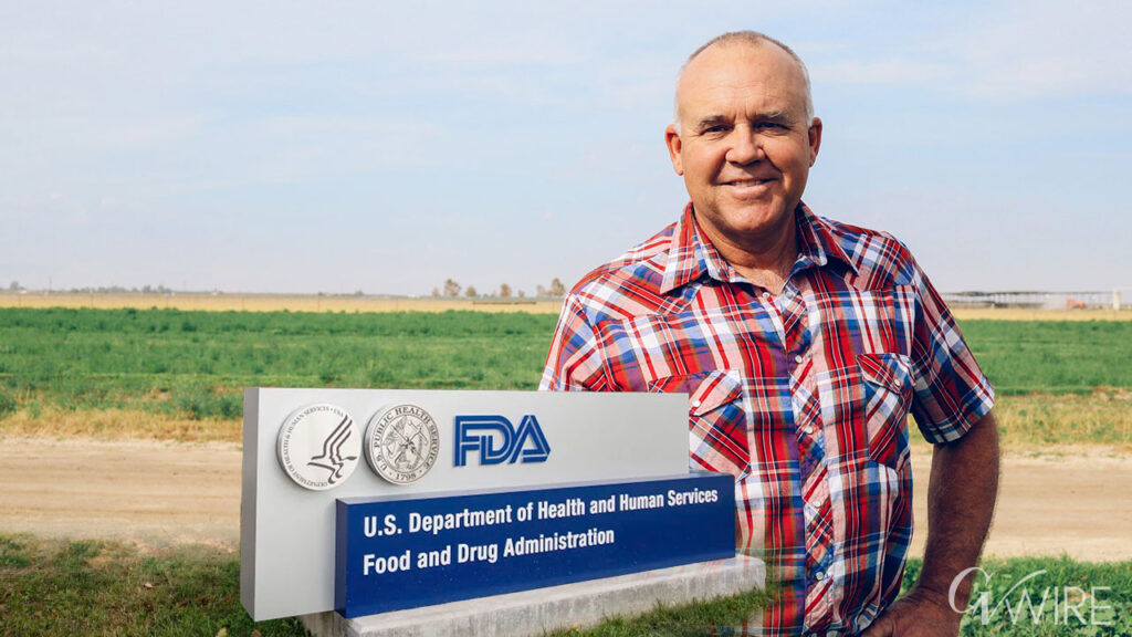 Composite image of Mark McAfee in a red plaid shirt in front of a farm field