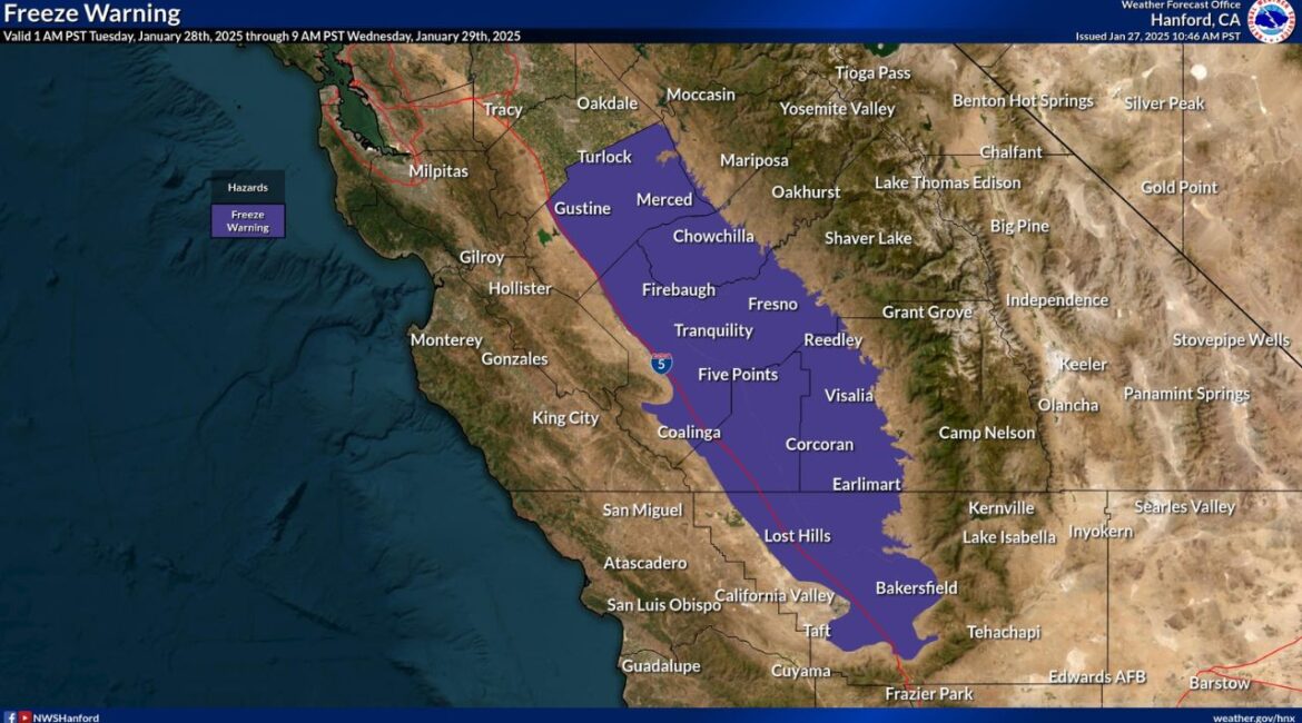 A Freeze Warning has been issued for the San Joaquin Valley, with sub-freezing temperatures and frost expected to threaten crops, vegetation, and outdoor plumbing through Wednesday, Jan. 29, 2025. (NWS)