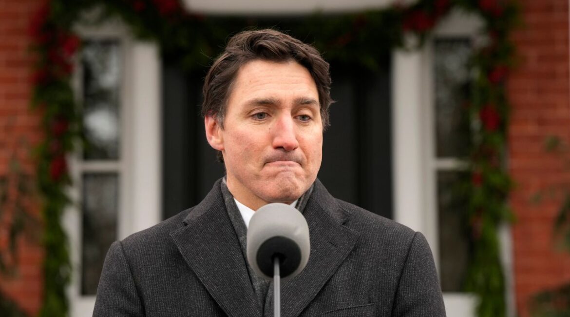 Canada Prime Minister Justin Trudeau makes an announcement outside Rideau Cottage in Ottawa on Monday, Jan. 6, 2025. (Adrian Wyld/The Canadian Press via AP)
