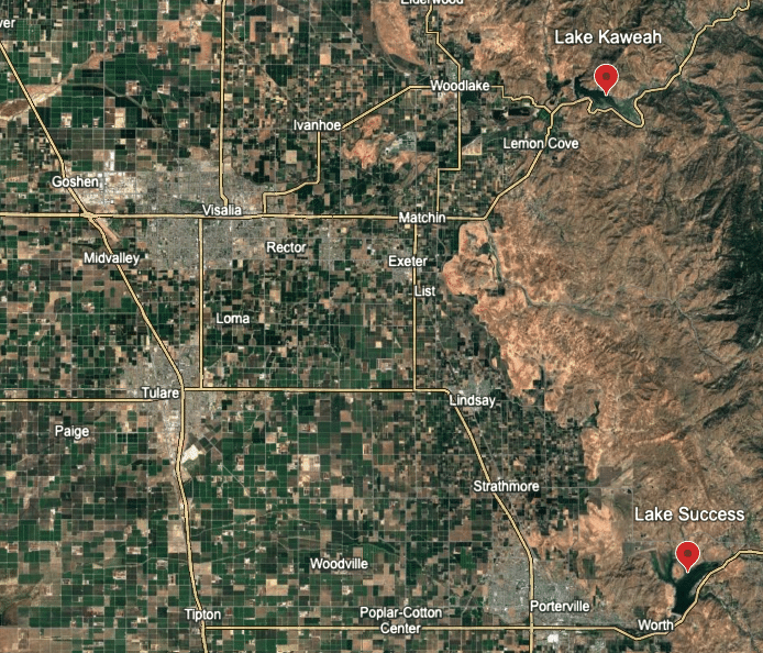 Location map for Lake Kaweah and Lake Success