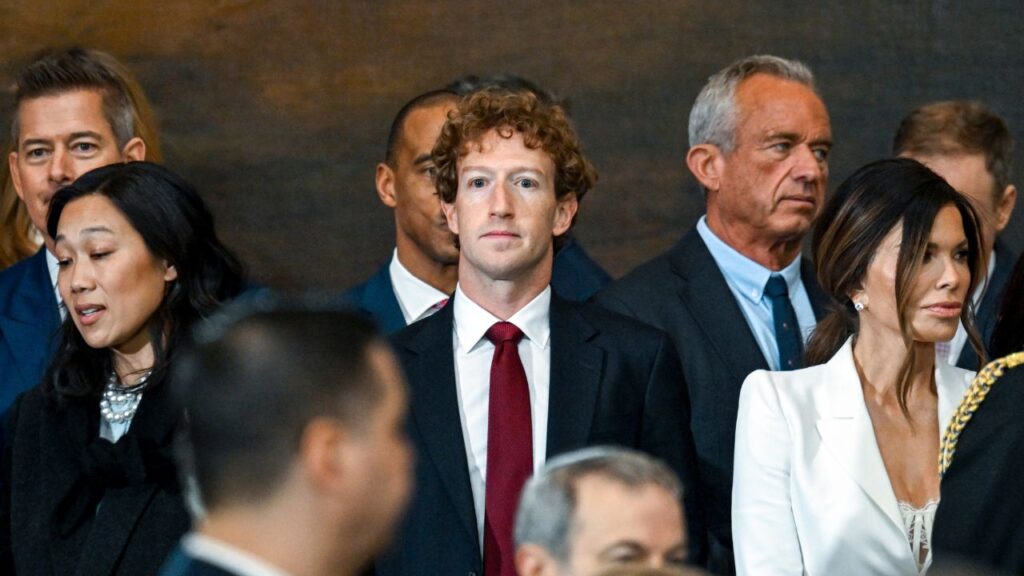 Mark Zuckerberg, the Meta chief executive, attend the inauguration of President Donald Trump at the Capitol in Washington, Jan. 20, 2025. Instagram and Facebook has recently blurred, blocked or removed posts from two abortion pill providers. Instagram also suspended the accounts of several abortion pill providers and hid the providers from appearing in search and recommendations. (Kenny Holston/The New York Times)