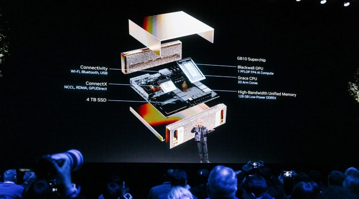 Nvidia’s chief executive, Jensen Huang, speaks at CES 2025 in Las Vegas, Jan. 7, 2025. DeepSeek’s engineers said they needed only about 2,000 Nvidia chips to train the startup’s AI system. (Stella Kalinina/The New York Times)