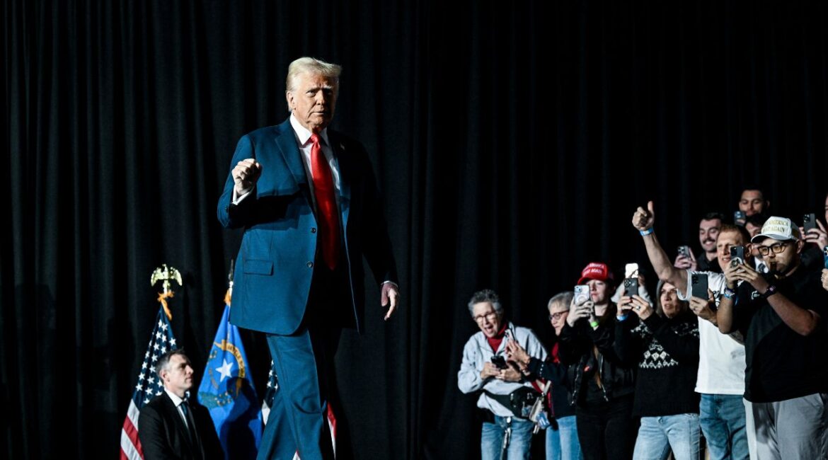 President Donald Trump takes the stage for a rally at the Circa Resort and Casino in Las Vegas, Jan. 25, 2025. The rapid-fire threat by President Trump to impose crushing tariffs and the quick surrender by President Gustavo Petro of Colombia are likely to encourage Trump to do the same against new targets. (Kenny Holston/The New York Times)