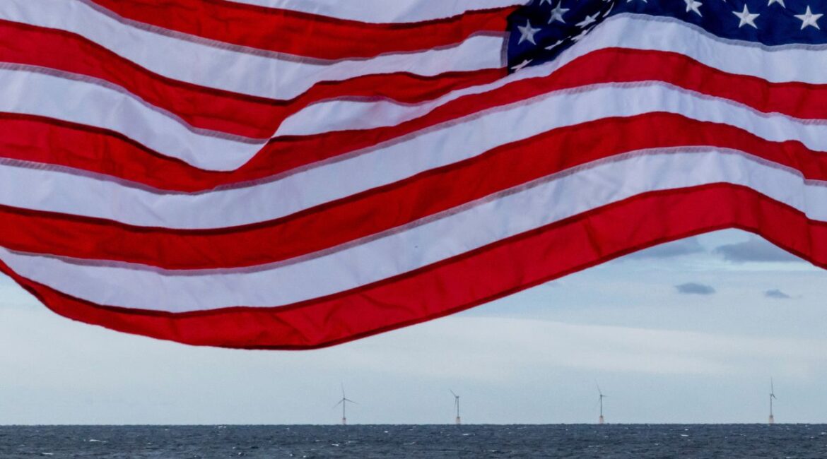 The five turbines of Block Island Wind Farm operate, Dec. 7, 2023, off the coast of Block Island, R.I., during a tour organized by Orsted. (AP File)