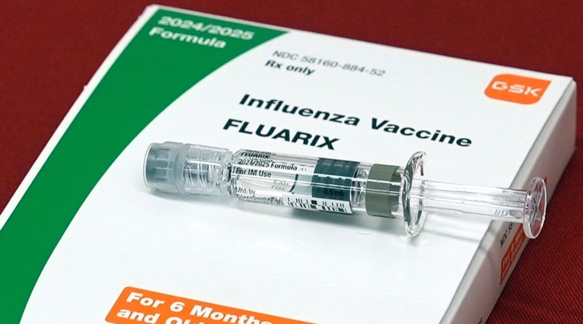 A flu vaccine is displayed at a pharmacy in New York, on Tuesday, Sept. 24, 2024. (AP File)