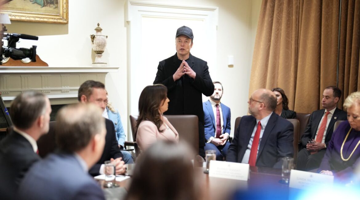 Elon Musk speaks during President Donald Trump’s first Cabinet meeting in the Cabinet Room of the White House in Washington, on Wednesday, Feb. 26, 2025. Federal workers are expected to receive another email as soon as Saturday asking them to describe what they achieved this past week, according to a person familiar with the matter. (Doug Mills/The New York Times)