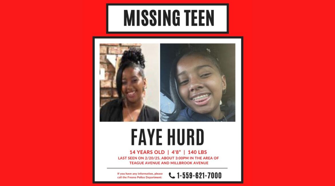 Fresno police are searching for 14-year-old Faye Hurd, last seen Thursday near Clovis West High School, possibly traveling with her estranged father toward Sacramento. (Fresno PD)