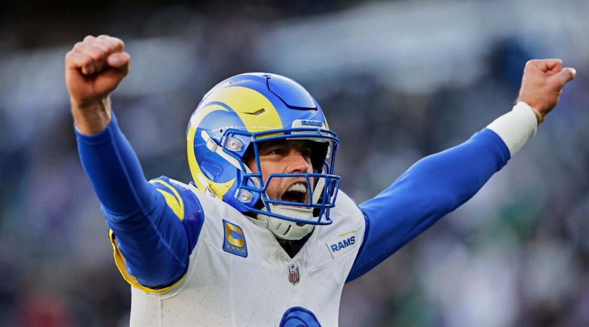Los Angeles Rams quarterback Matthew Stafford (9) reacts after throwing a touchdown pass during an NFL football game against the New York Jets Sunday, Dec. 22, 2024, in East Rutherford, N.J. (AP File)