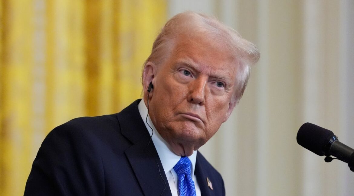 President Donald Trump listens during a news conference with Japanese Prime Minister Shigeru Ishiba in the East Room of the White House, Friday, Feb. 7, 2025, in Washington. (AP Photo/Alex Brandon)
