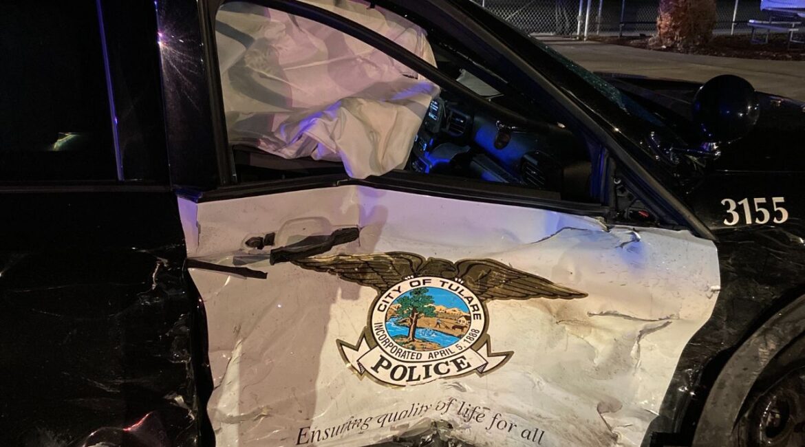 The damage to the Tulare police officer's vehicle during the incident. (Tulare County DA)