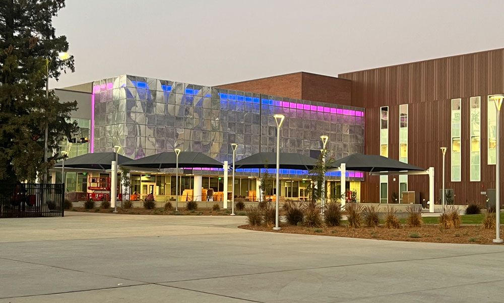 October 2024 View of Fresno City College's new Science Building with lights on