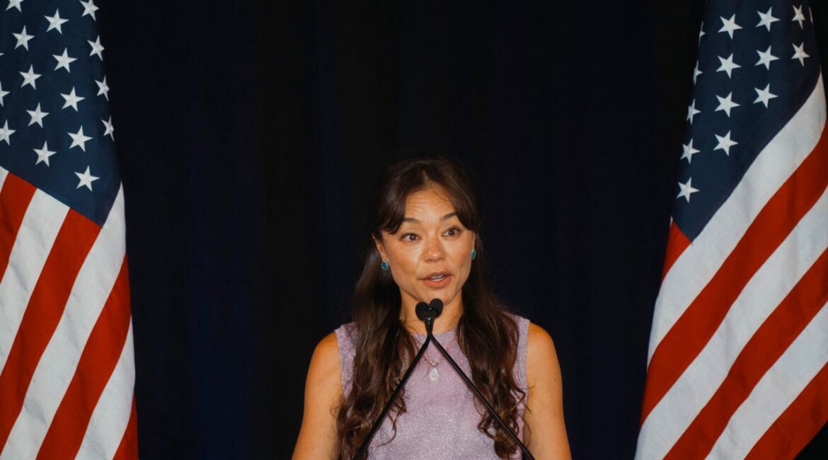 Nicole Shanahan, the running mate of independent presidential candidate Robert F. Kennedy Jr., speaks during a campaign event in Austin, Texas, May 13, 2024. Shanahan, who pumped millions into Robert F. Kennedy Jr.’s campaign last year and joined him on the ticket, is now powering an effort to remove Mayor Bass of Los Angeles. (Jordan Vonderhaar/The New York Times)