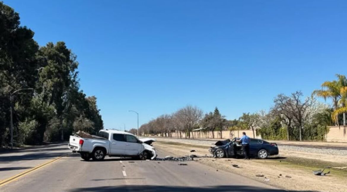 A driver was killed and another injured after a Nissan Altima crossed the center line and collided head-on with a Toyota Tacoma in Visalia. (Visalia PD)