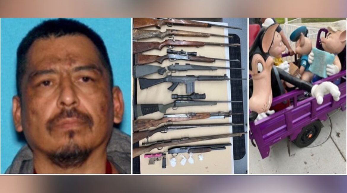 Fresno detectives seized firearms, narcotics, and stolen property, including figurines from Playland, and arrested Felix Diaz on multiple charges during a drug sales operation on February 27, 2025. (Fresno PD)