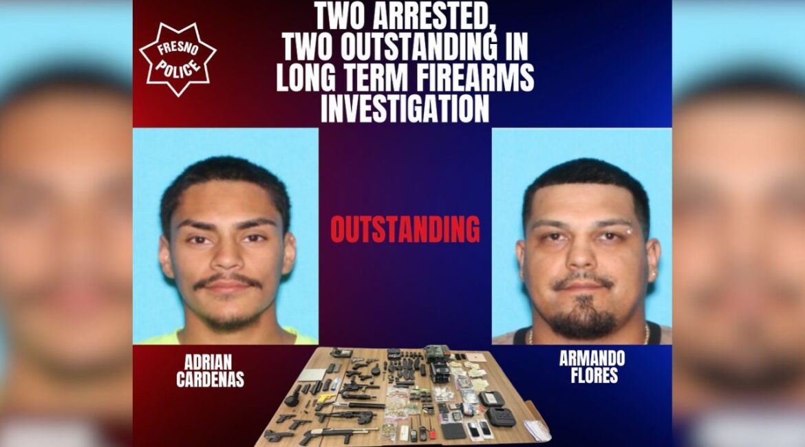Fresno police arrested two suspects, Jesus Cardenas, 26, and Frank Alvarez, 40, and seized 15 firearms during a long-term investigation into illegal firearm manufacturing and trafficking, with two suspects still at large. (Fresno PD)