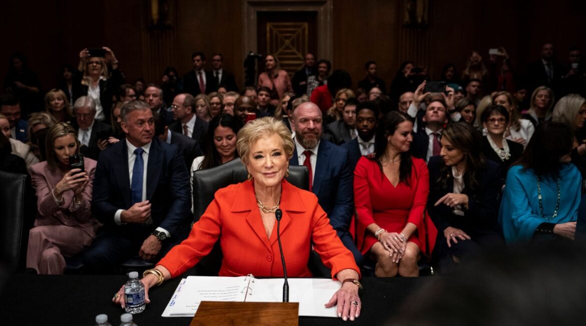 Linda McMahon, nominee for Secretary of Education, testifies at a Senate Health, Education, Labor and Pensions Committee confirmation hearing on Capitol Hill on Wednesday Feb. 12, 2025. President Donald Trump is preparing to sign an order that would instruct McMahon to begin dismantling her agency, setting the stage for a potential power struggle with Congress and another round of legal challenges from opponents. (Haiyun Jiang/The New York Times)