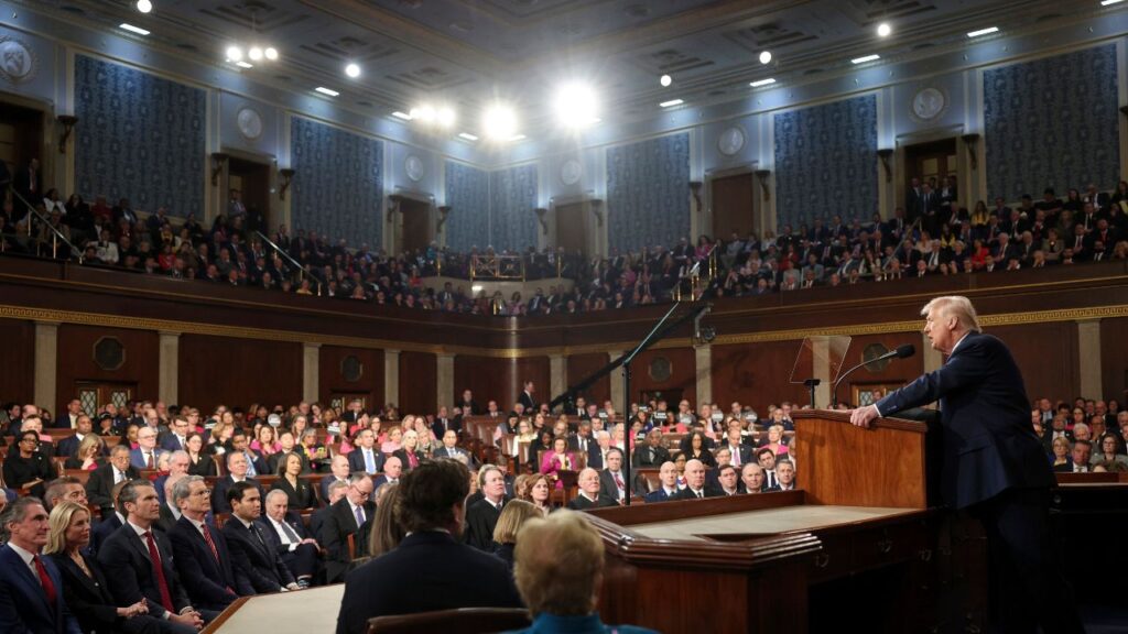 President Donald Trump addresses a joint session of Congress at the Capitol in Washington, Tuesday, March 4, 2025. (Win McNamee/Pool Photo via AP)