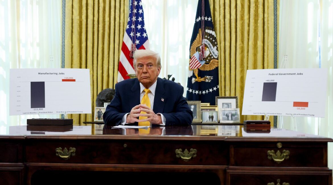 President Donald Trump delivers remarks in the Oval Office of the White House in Washington, Friday, March 7, 2025. (Pool via AP)