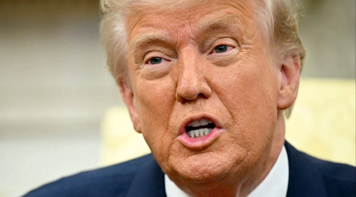President Donald Trump speaks to reporters during a meeting with NATO Secretary General Mark Rutte at the White House in Washington, Thursday, March 13, 2025. (Pool via AP)