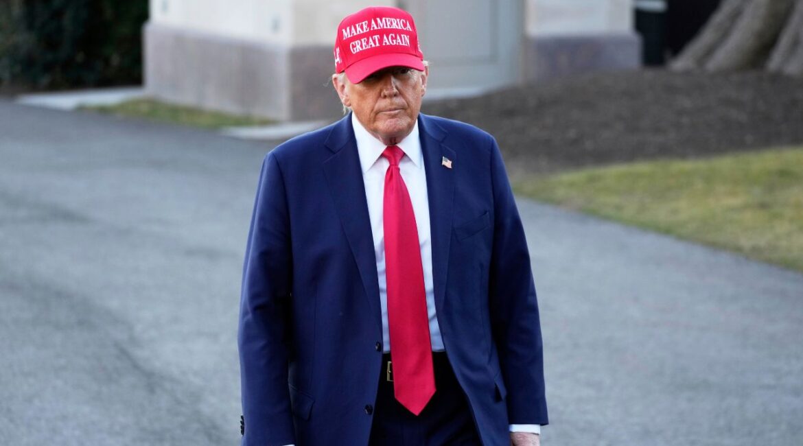 President Donald Trump walks before talking with reporters before boarding Marine One on the South Lawn of the White House in Washington, Friday, Feb. 28, 2025. (AP/Ben Curtis)
