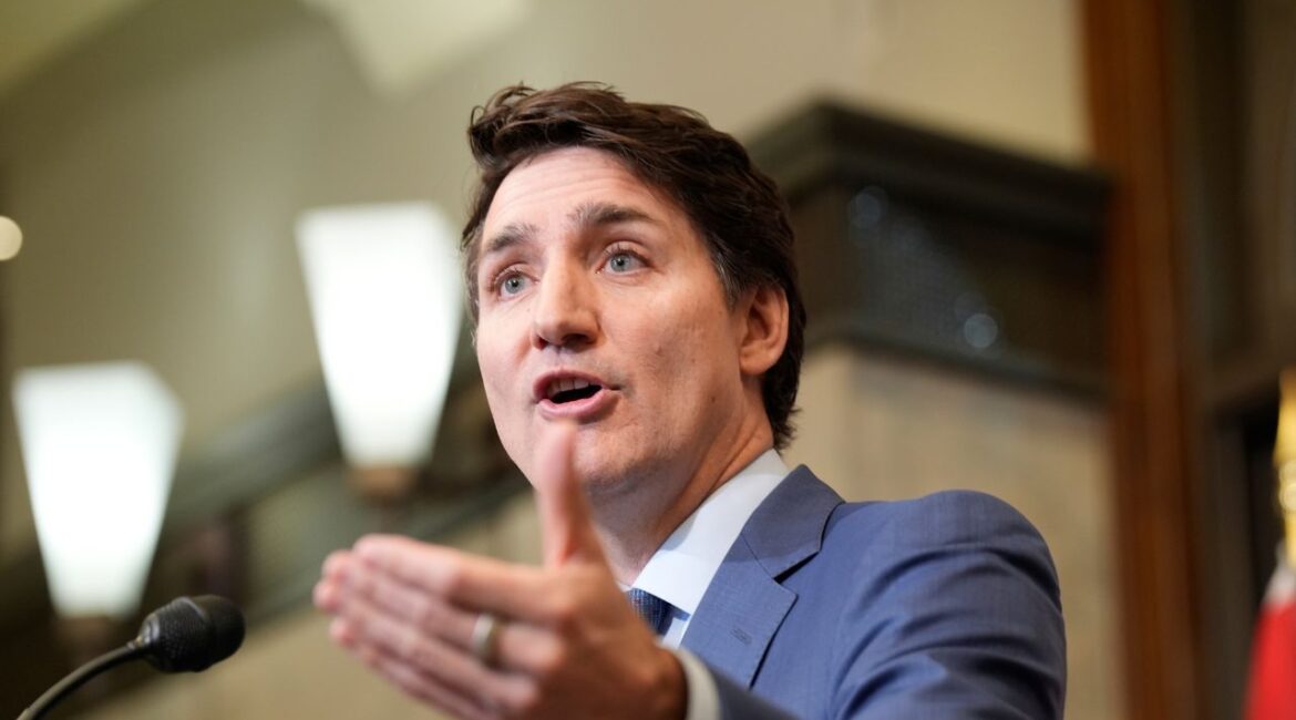 Prime Minister Justin Trudeau holds a news conference on imposed U.S. tariffs in Ottawa on Tuesday, March 4, 2025. (Adrian Wyld/The Canadian Press via AP)