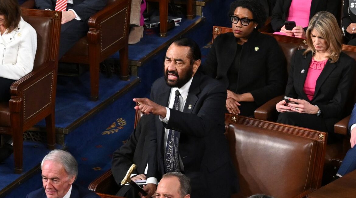 Rep. Al Green (D-Texas) yells from his seat as President Donald Trump delivers an address to a joint session of Congress at the Capitol in Washington, on Tuesday, March 4, 2025. Green has a history of dramatic political gestures. (Kenny Holston/The New York Times)