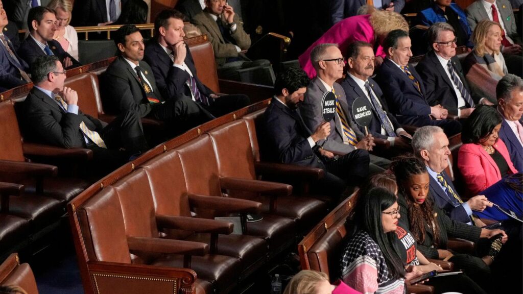 Seats are empty on the Democratic side of the aisle as President Donald Trump addresses a joint session of Congress in the House chamber at the U.S. Capitol in Washington, Tuesday, March 4, 2025. (AP Photo/Julia Demaree Nikhinson)