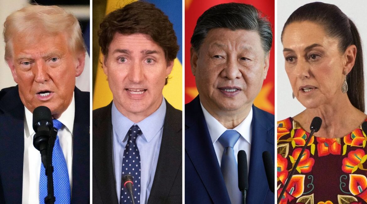 This combination of file photos shows, from left, U.S. President Donald Trump in Palm Beach, Fla., Feb. 7, 2025, Canadian Prime Minister Justin Trudeau in Kyiv, Ukraine, June 10, 2023, China's President Xi Jinping in Brasilia, Brazil, Nov. 20, 2024, and Mexico's President in Mexico City, June 27, 2024. Claudia Sheinbaum (AP Photo)